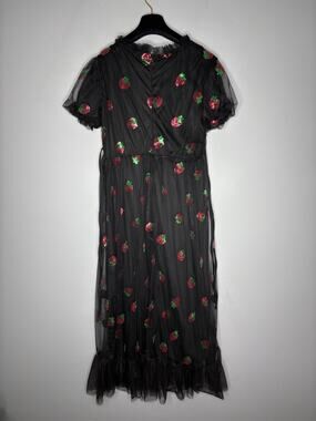 Lirika Matoshi Black Mesh Red Strawberry Midi Dress Short Sleeve Tulle Gown XS